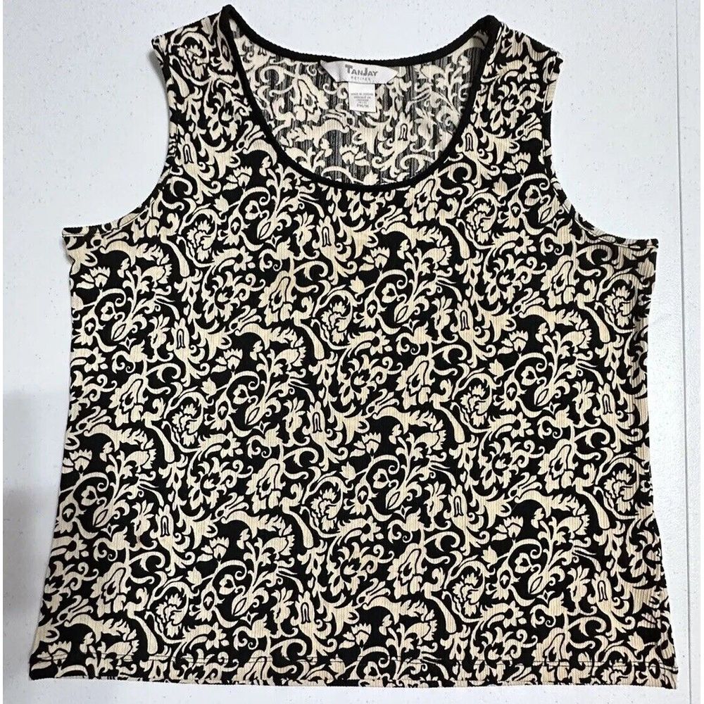 Tanjay‎ Petites Black & Beige Sleeveless Tank Top Floral Paisley Print Shirt PM